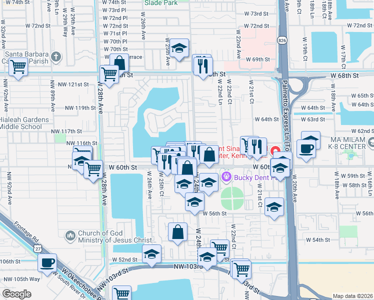 map of restaurants, bars, coffee shops, grocery stores, and more near 2490 West 60th Place in Hialeah