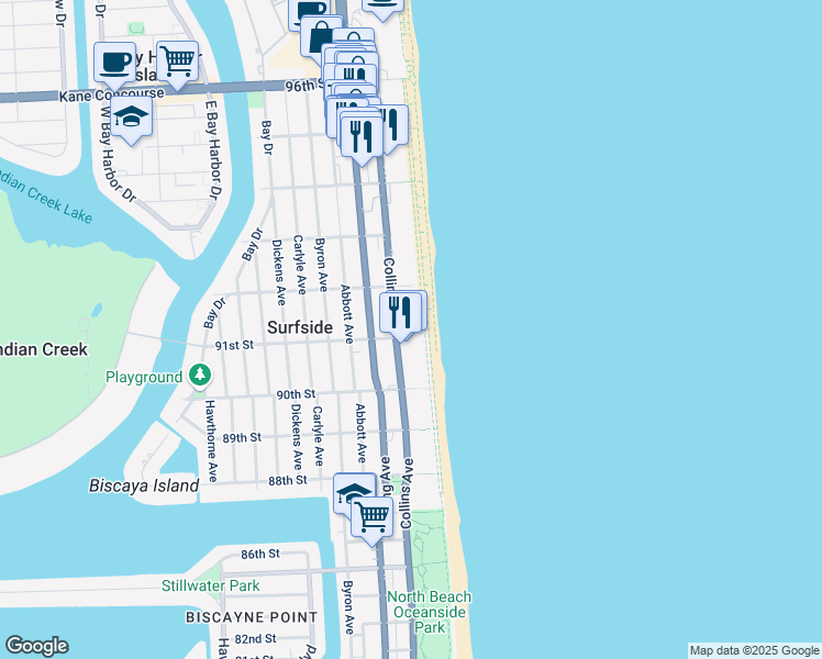 map of restaurants, bars, coffee shops, grocery stores, and more near 9011 Collins Avenue in Surfside