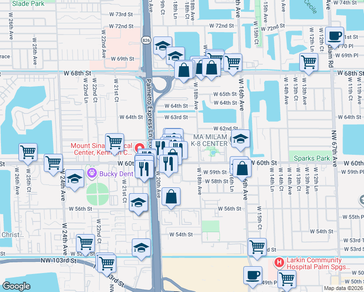 map of restaurants, bars, coffee shops, grocery stores, and more near 6055 West 19th Avenue in Hialeah