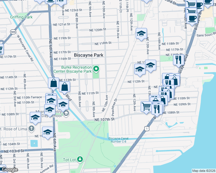 map of restaurants, bars, coffee shops, grocery stores, and more near 11112 Northeast 10th Avenue in Biscayne Park