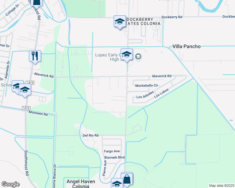 map of restaurants, bars, coffee shops, grocery stores, and more near 3440 South Dakota Avenue in Brownsville