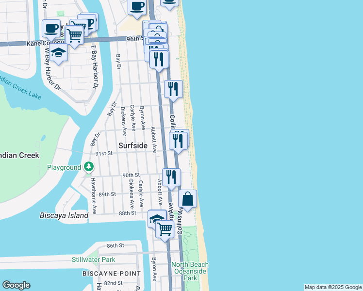 map of restaurants, bars, coffee shops, grocery stores, and more near 9011 Collins Avenue in Surfside