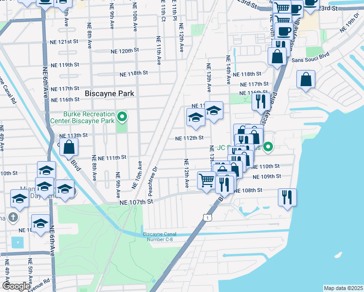 map of restaurants, bars, coffee shops, grocery stores, and more near 1222 Northeast 111th Street in Miami