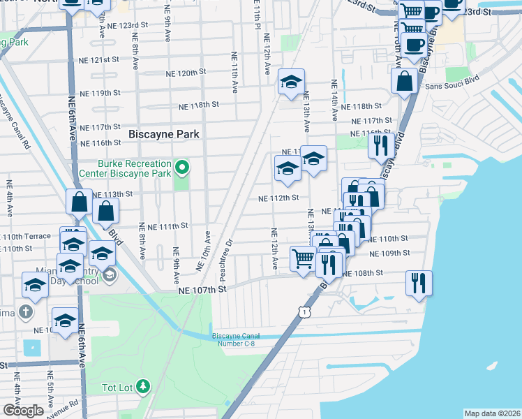 map of restaurants, bars, coffee shops, grocery stores, and more near 1140 Northeast 111th Street in Miami