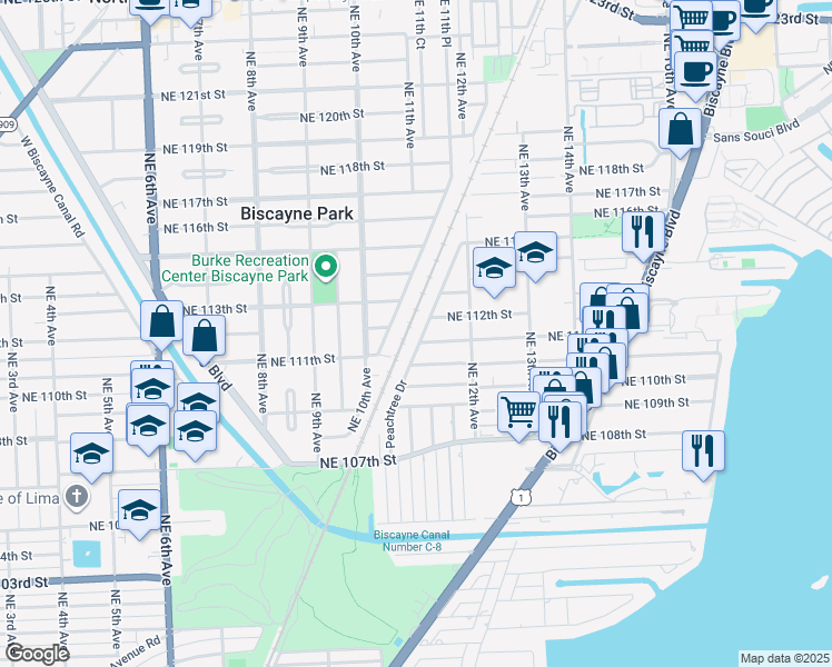 map of restaurants, bars, coffee shops, grocery stores, and more near 11080 Peachtree Drive in North Miami