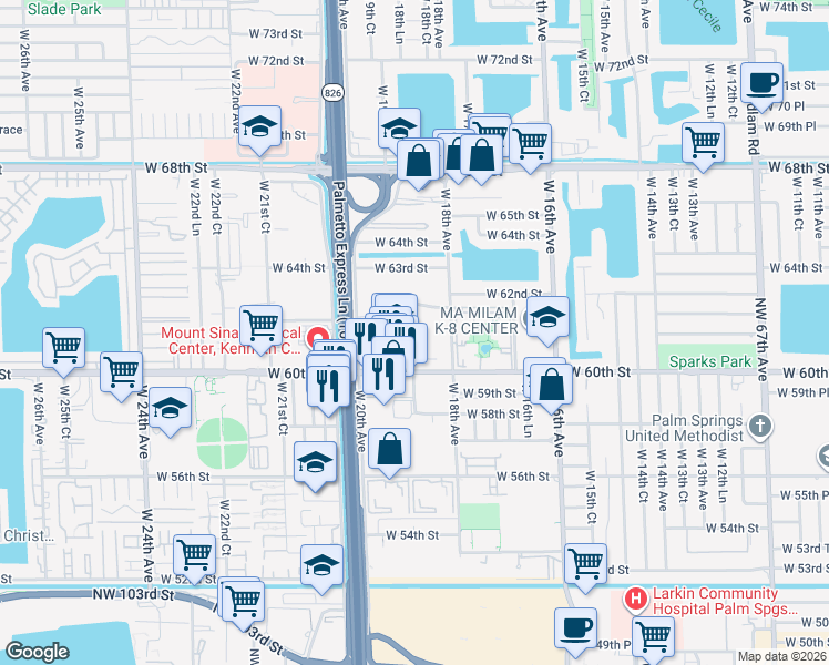 map of restaurants, bars, coffee shops, grocery stores, and more near 6055 West 19th Avenue in Hialeah