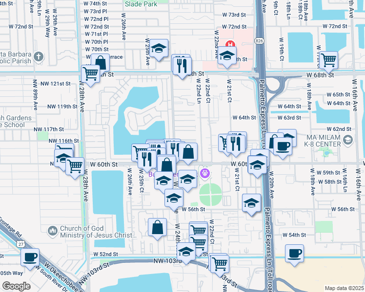 map of restaurants, bars, coffee shops, grocery stores, and more near 6121 West 24th Avenue in Hialeah