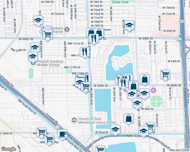 map of restaurants, bars, coffee shops, grocery stores, and more near 101 West 61st Street in Hialeah