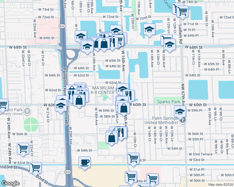 map of restaurants, bars, coffee shops, grocery stores, and more near 6020 West 16th Avenue in Hialeah
