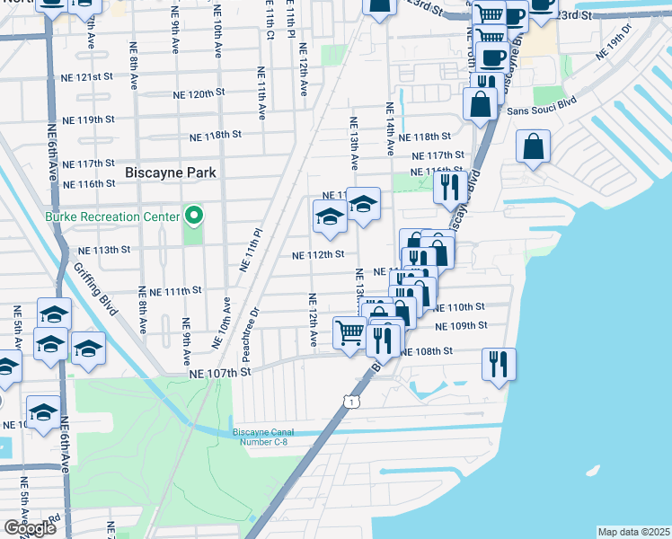 map of restaurants, bars, coffee shops, grocery stores, and more near 1284 Northeast 111th Street in Miami