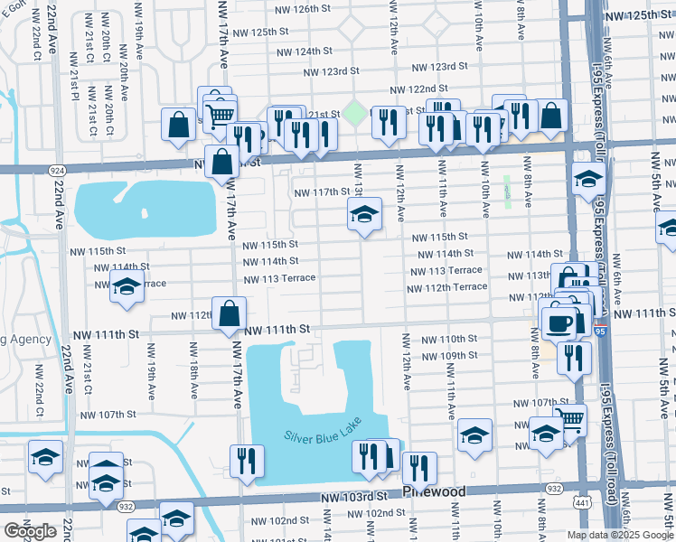 map of restaurants, bars, coffee shops, grocery stores, and more near 1350 Northwest 113 Terrace in Miami