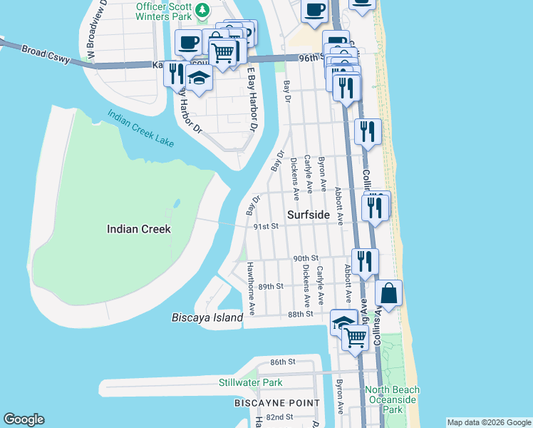 map of restaurants, bars, coffee shops, grocery stores, and more near 925 Surfside Boulevard in Surfside