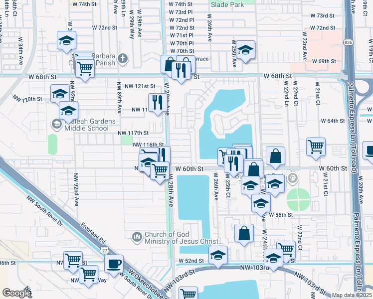 map of restaurants, bars, coffee shops, grocery stores, and more near 101 West 61st Street in Hialeah