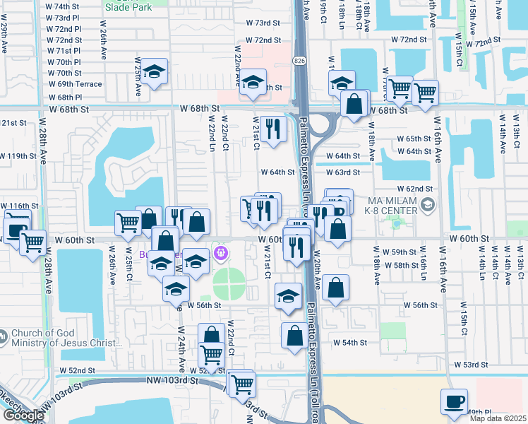 map of restaurants, bars, coffee shops, grocery stores, and more near 2185 West 60th Street in Hialeah
