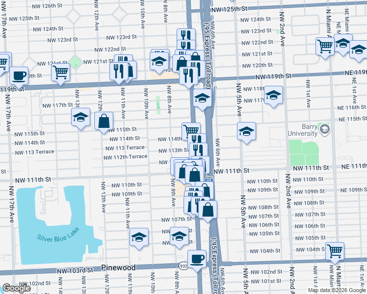 map of restaurants, bars, coffee shops, grocery stores, and more near 720 Northwest 113th Street in Miami