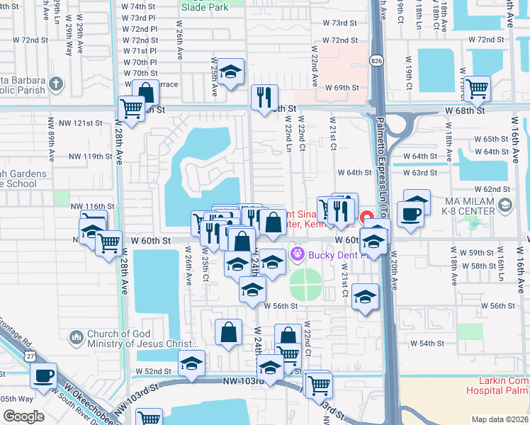map of restaurants, bars, coffee shops, grocery stores, and more near 6121 West 24th Avenue in Hialeah