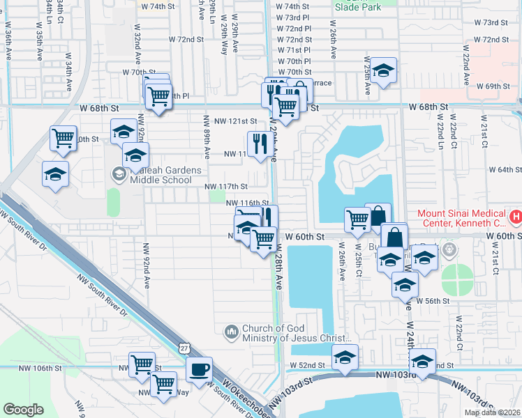 map of restaurants, bars, coffee shops, grocery stores, and more near 11500 Northwest 87th Court in Hialeah Gardens