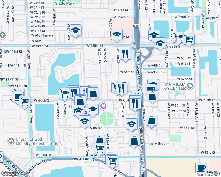 map of restaurants, bars, coffee shops, grocery stores, and more near 6091 West 22nd Court in Hialeah
