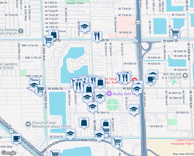 map of restaurants, bars, coffee shops, grocery stores, and more near 6121 West 24th Avenue in Hialeah