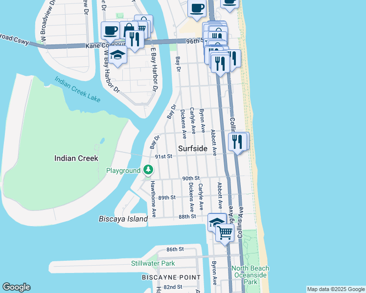 map of restaurants, bars, coffee shops, grocery stores, and more near 9100 Emerson Avenue in Surfside
