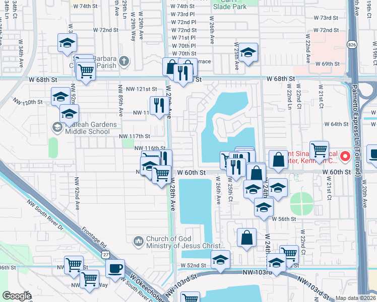 map of restaurants, bars, coffee shops, grocery stores, and more near 101 West 61st Street in Hialeah