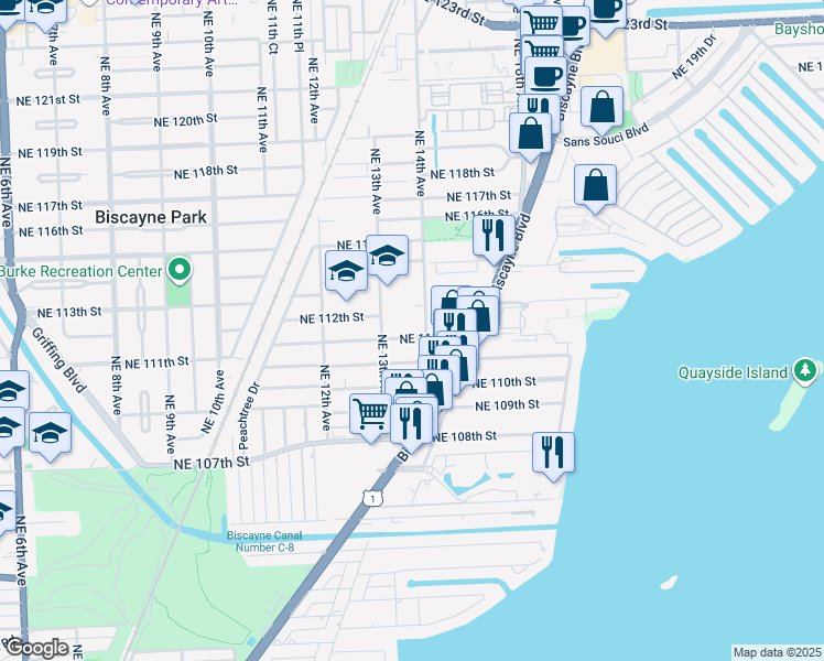 map of restaurants, bars, coffee shops, grocery stores, and more near 1350 Northeast 111th Street in Miami