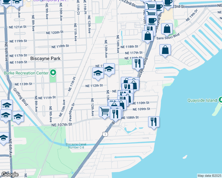 map of restaurants, bars, coffee shops, grocery stores, and more near 1350 Northeast 111th Street in Miami