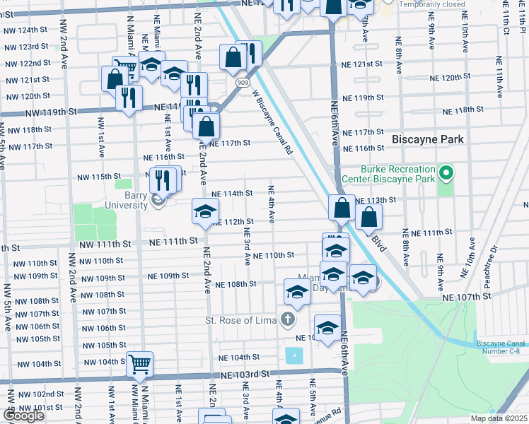 map of restaurants, bars, coffee shops, grocery stores, and more near 362 Northeast 112th Street in Miami