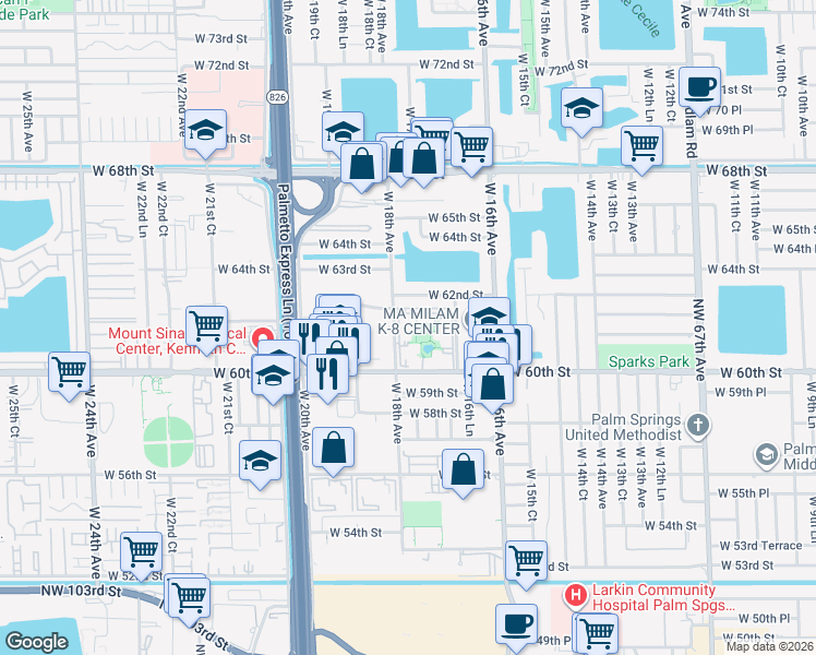 map of restaurants, bars, coffee shops, grocery stores, and more near 6195 West 18th Avenue in Hialeah