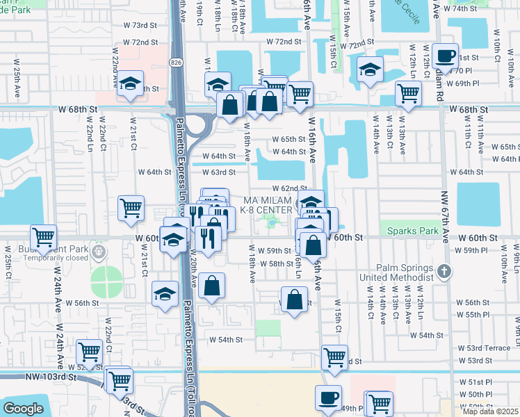 map of restaurants, bars, coffee shops, grocery stores, and more near 6195 West 18th Avenue in Hialeah