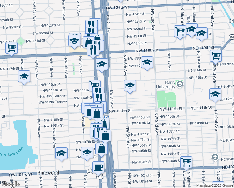 map of restaurants, bars, coffee shops, grocery stores, and more near 11291 Northwest 6th Avenue in Miami