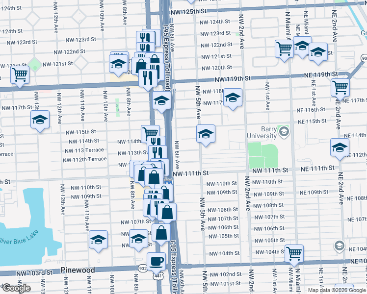 map of restaurants, bars, coffee shops, grocery stores, and more near 11291 Northwest 6th Avenue in Miami