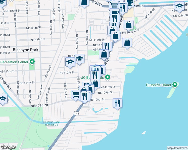 map of restaurants, bars, coffee shops, grocery stores, and more near 1437 Northeast 110th Terrace in Miami