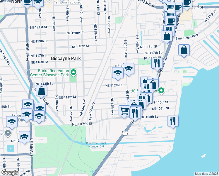 map of restaurants, bars, coffee shops, grocery stores, and more near 1222 Northeast 111th Street in Miami