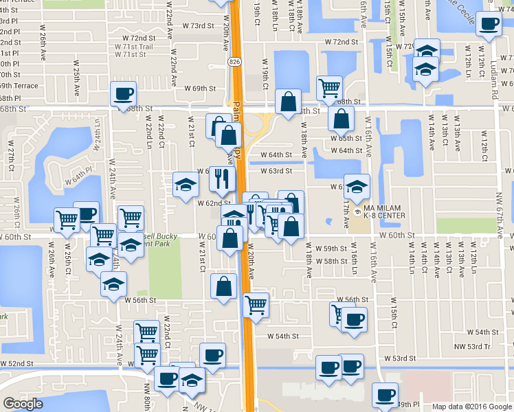 map of restaurants, bars, coffee shops, grocery stores, and more near 1955 West 60th Street in Hialeah