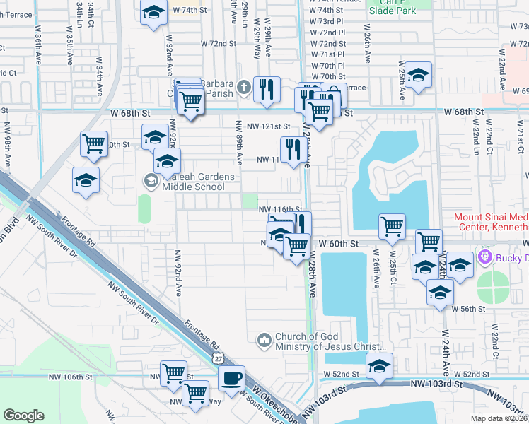 map of restaurants, bars, coffee shops, grocery stores, and more near 11504 Northwest 88th Avenue in Hialeah
