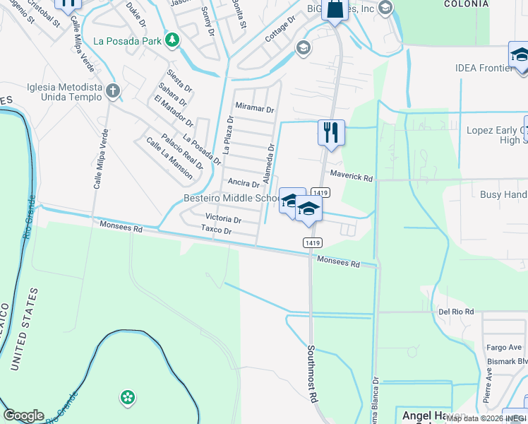 map of restaurants, bars, coffee shops, grocery stores, and more near 3283-3299 Alameda Drive in Brownsville