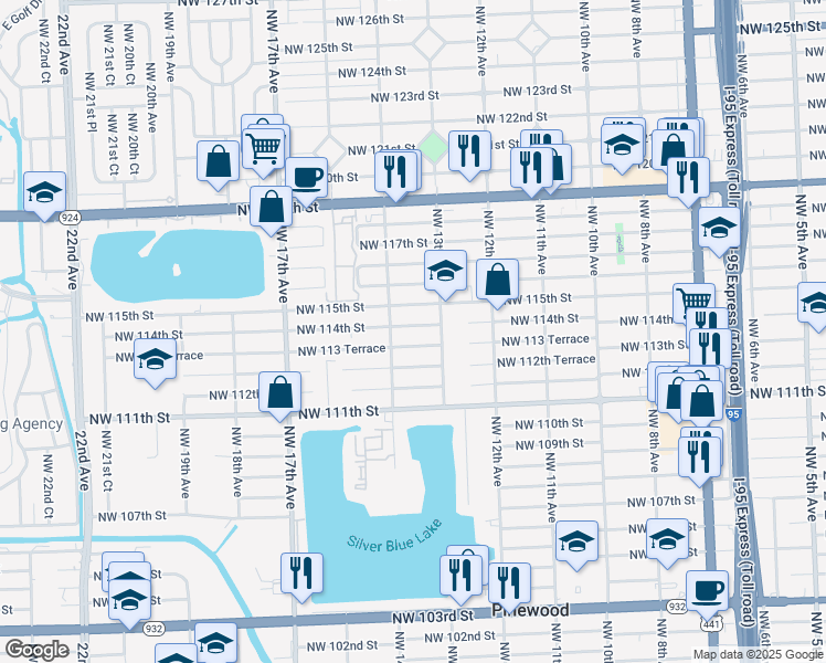 map of restaurants, bars, coffee shops, grocery stores, and more near 1350 Northwest 113 Terrace in Miami