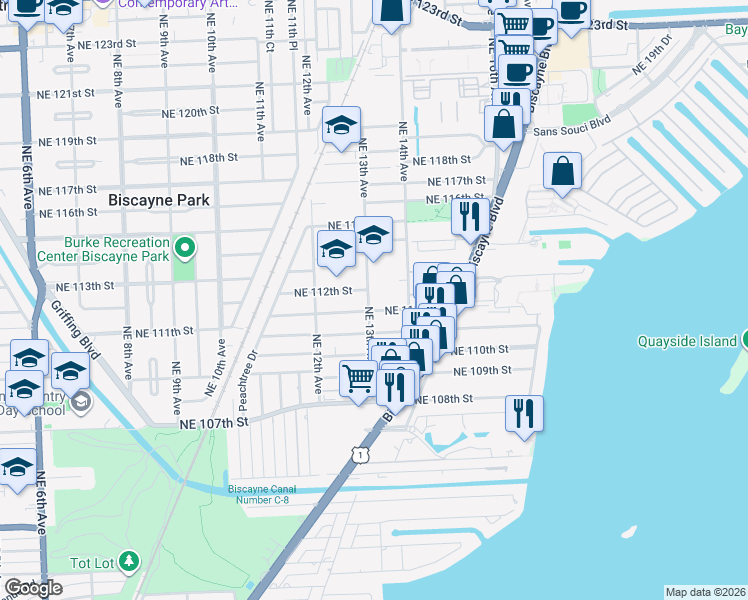 map of restaurants, bars, coffee shops, grocery stores, and more near 1284 Northeast 111th Street in Miami