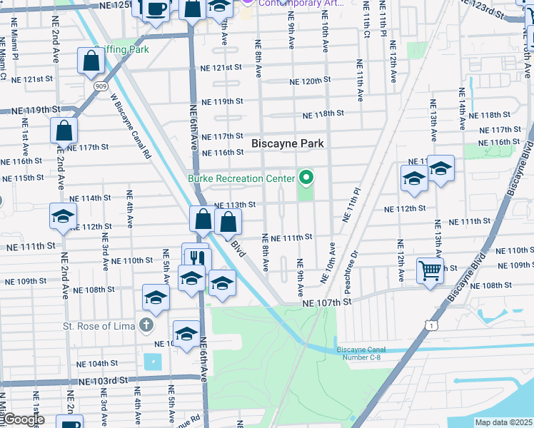 map of restaurants, bars, coffee shops, grocery stores, and more near 775 Northeast 113th Street in Biscayne Park