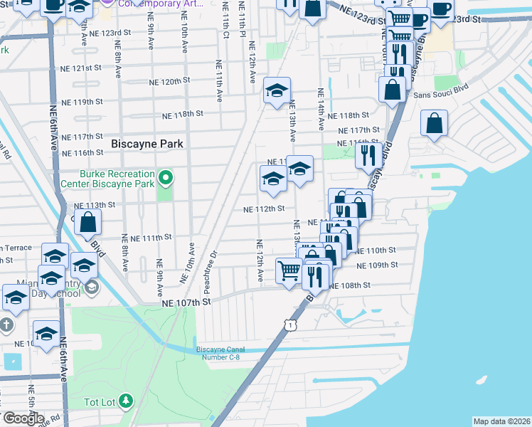 map of restaurants, bars, coffee shops, grocery stores, and more near 1207 Northeast 112th Street in Miami