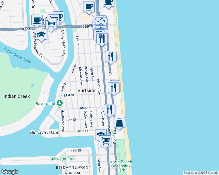 map of restaurants, bars, coffee shops, grocery stores, and more near 9172 Collins Avenue in Surfside