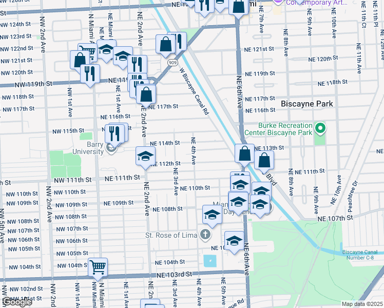 map of restaurants, bars, coffee shops, grocery stores, and more near 400 Northeast 114th Street in Miami