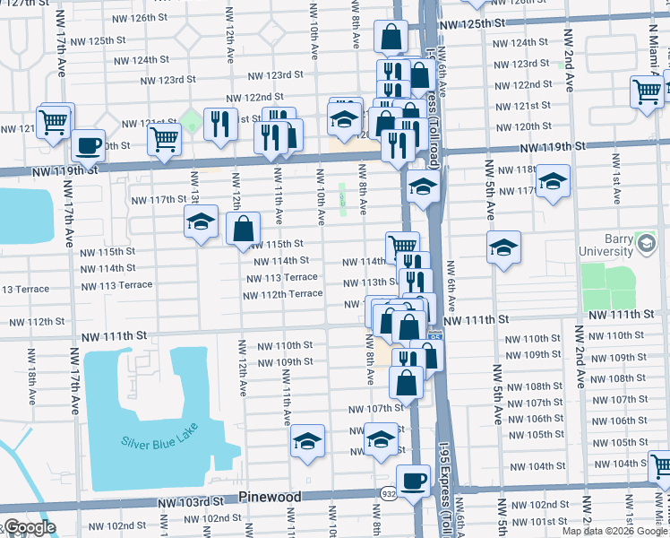 map of restaurants, bars, coffee shops, grocery stores, and more near 865 Northwest 114th Street in Miami