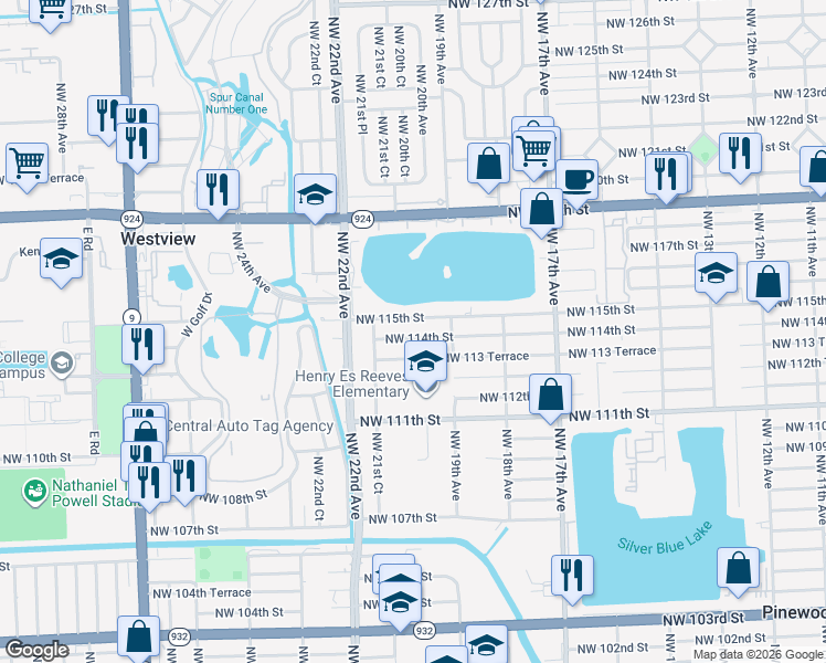 map of restaurants, bars, coffee shops, grocery stores, and more near 1955 Northwest 115th Street in Miami