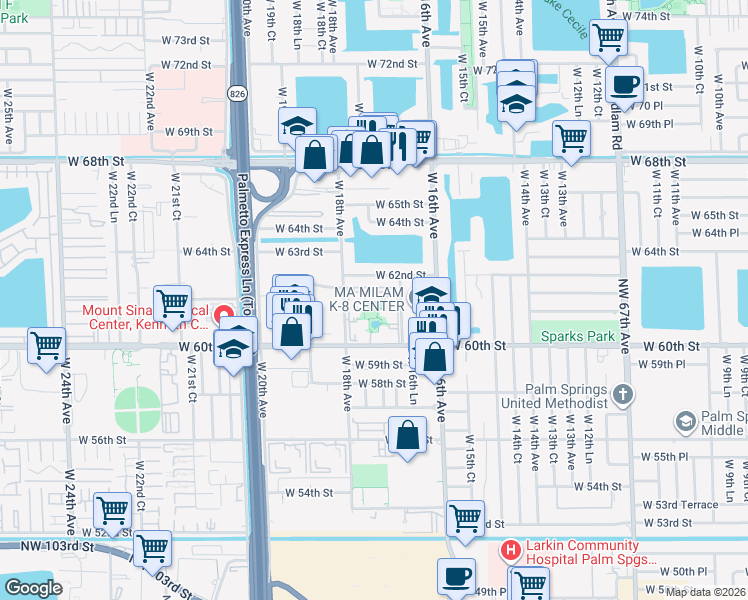 map of restaurants, bars, coffee shops, grocery stores, and more near 1690 West 62nd Street in Hialeah