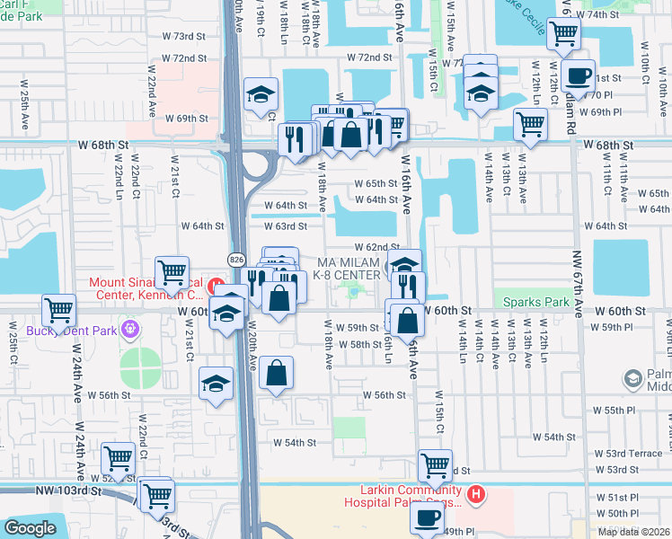 map of restaurants, bars, coffee shops, grocery stores, and more near 1770 West 62nd Street in Hialeah