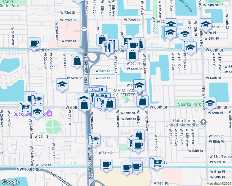 map of restaurants, bars, coffee shops, grocery stores, and more near 1770 West 62nd Street in Hialeah