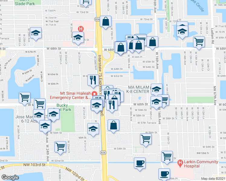 map of restaurants, bars, coffee shops, grocery stores, and more near 1871 West 62nd Street in Hialeah
