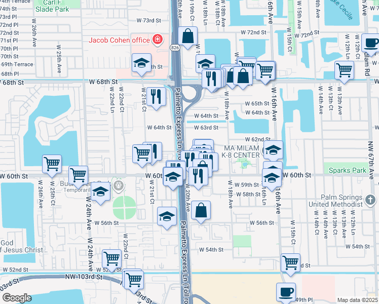 map of restaurants, bars, coffee shops, grocery stores, and more near 1871 West 62nd Street in Hialeah